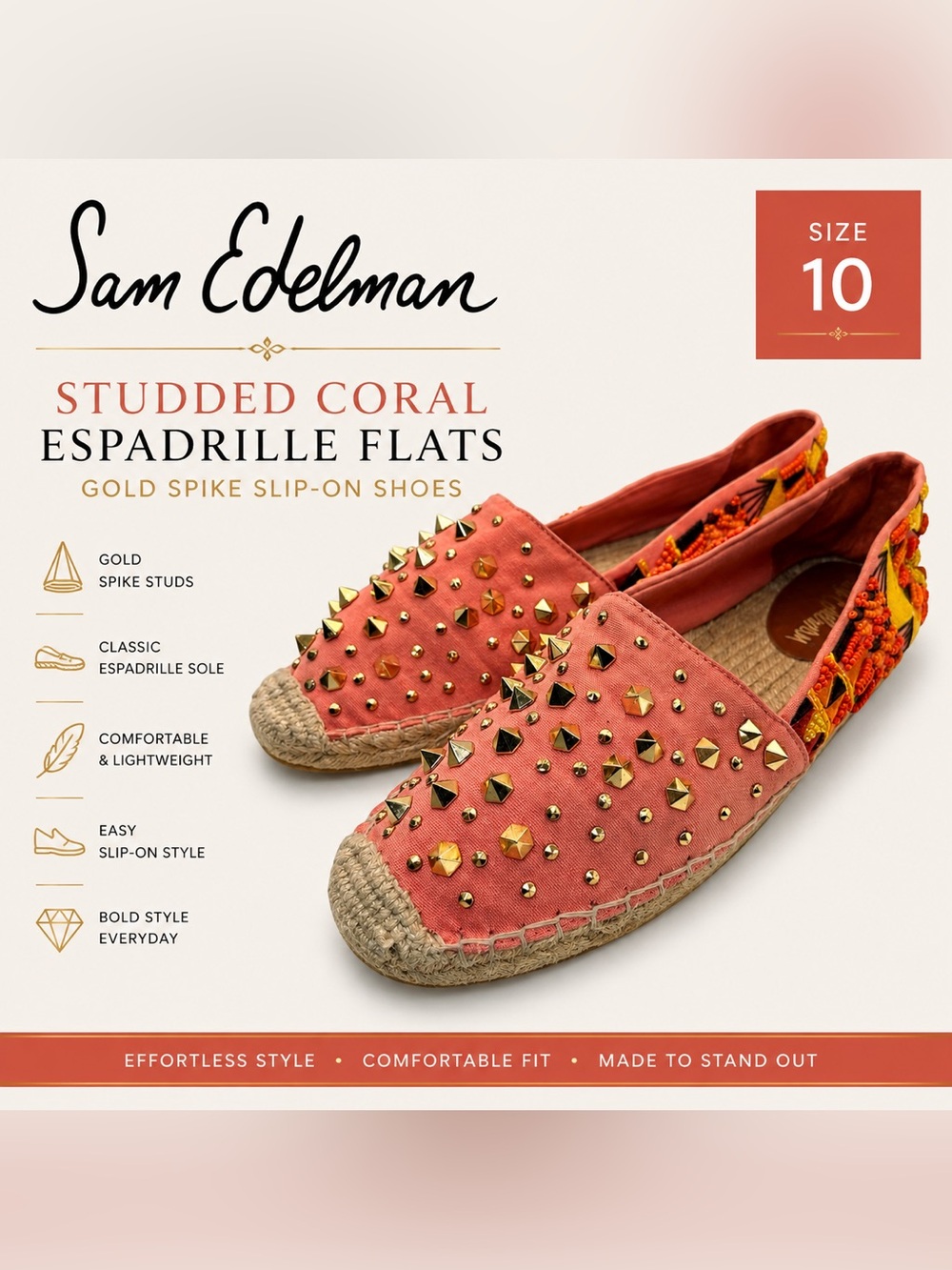 Sam Edelman Studded Coral Espadrille Flats | Gold Spike Slip-On Shoes size 10
